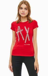 Красная хлопковая футболка с отделкой стразами Armani Exchange