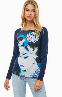 Синяя хлопковая футболка с длинными рукавами Desigual