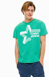 Зеленая хлопковая футболка с принтом Tommy Jeans