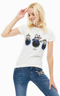 Хлопковая футболка белого цвета с отделкой стразами Liu Jo