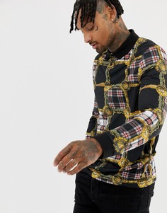 Поло с длинными рукавами и вставкой в клетку ASOS DESIGN - Черный