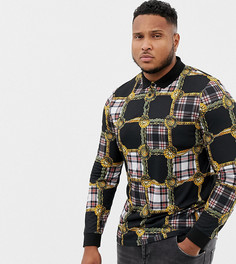 Поло с длинными рукавами и вставкой в клетку ASOS DESIGN Plus - Черный