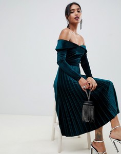 Бархатное платье миди с открытыми плечами и плиссировкой ASOS DESIGN - Зеленый