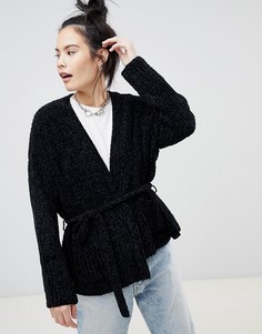 Черный кардиган из синели с поясом и карманами Pull&Bear - Черный
