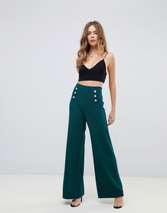 Зеленые брюки с широкими штанинами и пуговицами Boohoo - Зеленый