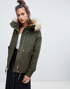 Парка цвета хаки с мехом на капюшоне Pull&Bear - Зеленый