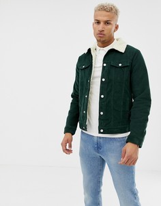 Зеленая вельветовая куртка с подкладкой из искусственного меха Pull&Bear - Зеленый