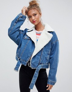 Джинсовая куртка на молнии с меховым воротником Pull&Bear - Синий