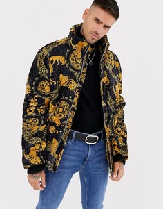 Бархатная дутая куртка с золотистым принтом в стиле барокко River Island - Черный