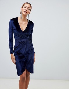 Темно-синее бархатное платье миди с запахом и завязкой на талии Boohoo - Черный