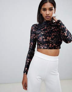 Черный плиссированный бархатный кроп-топ с цветочным принтом Missguided - Черный