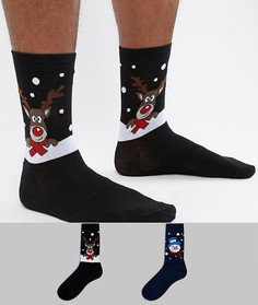 Набор из 2 пар новогодних носков с изображением снеговика и оленя Duke King Size - Темно-синий