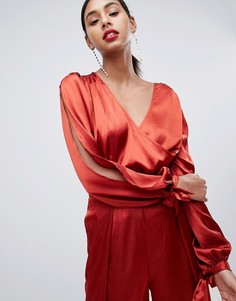 Атласное боди с запахом и разрезами на рукавах ASOS DESIGN - Оранжевый