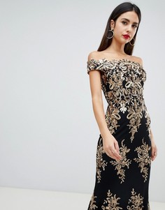 Goddiva off shoulder bardot placement lace maxi dress in black and gold - Темно-синий