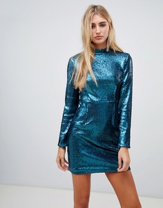 Missguided sequin high neck bodycon mini dress in teal - Зеленый