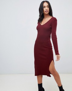 Платье миди в рубчик с V-образным вырезом ASOS DESIGN - Красный