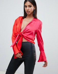 Двухцветная атласная блузка на завязке Missguided - Красный