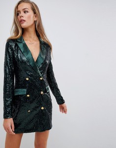 Зеленое двубортное платье-блейзер мини с отделкой пайетками Missguided - Зеленый