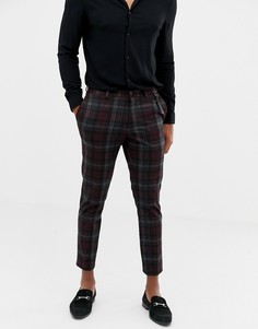 Бордовые зауженные строгие брюки в клетку Burton Menswear - Красный