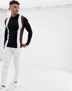 Черная обтягивающая футболка-поло в стиле колор блок с длинными рукавами ASOS DESIGN - Черный