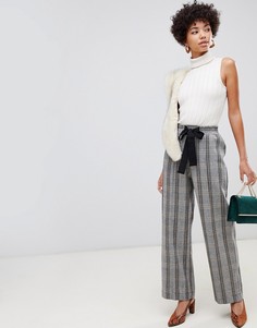 Брюки в клетку с широкими штанинами и завязкой на поясе River Island - Коричневый