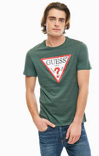 Хлопковая футболка цвета хаки с короткими рукавами Guess