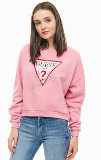 Розовый хлопковый свитшот оверсайз с отделкой камнями Guess