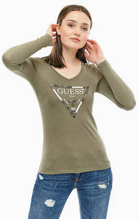 Хлопковая футболка цвета хаки с длинными рукавами Guess