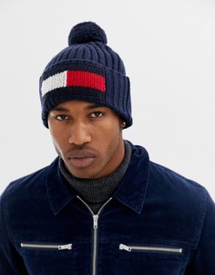 Темно-синяя шапка-бини с помпоном Tommy Hilfiger - Темно-синий
