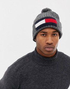 Темно-серая шапка-бини с помпоном и логотипом Tommy Hilfiger - Серый