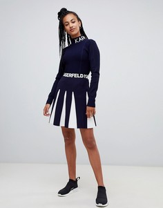Трикотажная короткая расклешенная юбка с контрастной отделкой Karl Lagerfeld - Темно-синий