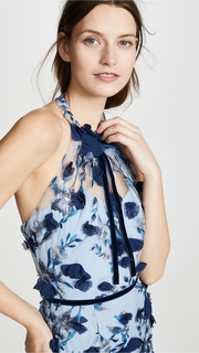 Marchesa Notte Sleeveless Embroidered Halter Cocktail Dress