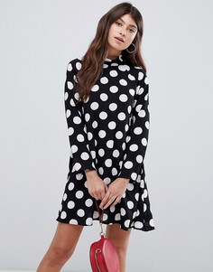 Короткое приталенное платье в горошек с длинными рукавами AX Paris - Черный