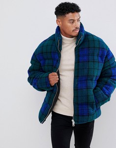 Синяя дутая куртка в клетку из искусственного меха ASOS DESIGN - Синий