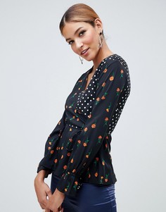 Блузка с запахом, баской и смешанным принтом Boohoo - Мульти