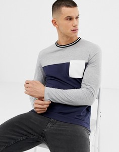 Темно-синий лонгслив с контрастной кокеткой и карманом ASOS DESIGN - Темно-синий