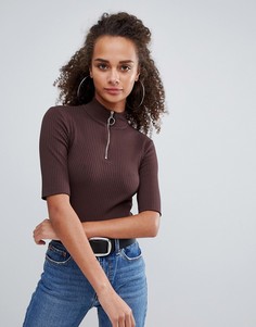 Топ с короткими рукавами и молнией Bershka - Коричневый