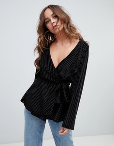 Черный велюровый топ в полоску с запахом Missguided - Черный