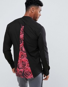 Черная рубашка с длинными рукавами и вставкой с принтом роз SikSilk - Черный