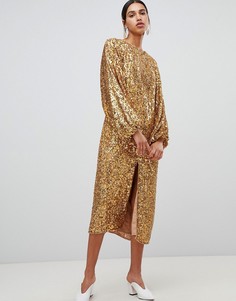 Платье миди с пайетками и пышным рукавом на манжете ASOS EDITION - Золотой