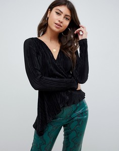 Топ с длинными рукавами, запахом и плиссировкой ASOS DESIGN - Черный