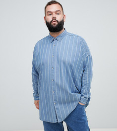 Джинсовая рубашка в полоску с заниженной линией плеч ASOS DESIGN Plus - Синий