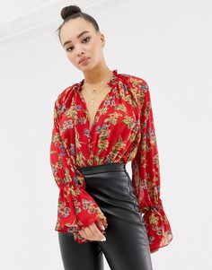Боди с цветочным принтом и расклешенными рукавами Missguided - Красный