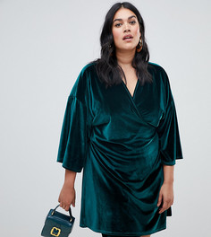 Бархатное зеленое платье мини с рукавами-кимоно Boohoo Plus - Зеленый