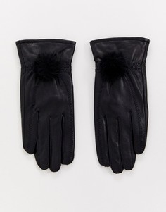 Кожаные перчатки с помпоном из искусственного меха Jayley - Черный