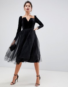 Бархатное платье миди с отделкой из тюля ASOS DESIGN - Черный