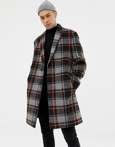 Черное пальто из ткани с добавлением шерсти в оранжевую клетку ASOS DESIGN - Черный