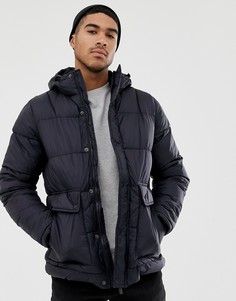 Темно-синяя дутая куртка с капюшоном и флисовой подкладкой Pull&Bear - Темно-синий