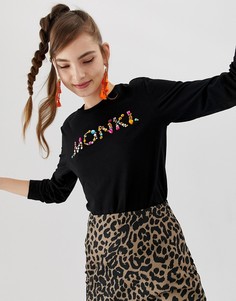 Черный декорированный топ с надписью Monki - Черный