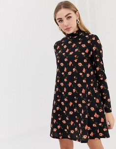 Платье-туника с цветочным принтом и высоким воротом Miss Selfridge - Черный
